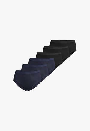 Zestaw sześciu par damskiej bielizny, w ciemnym granatowym i czarnym kolorze, wykonanych z gładkiej tkaniny z elastycznymi paskami w talii i w podstawowym stylu.
