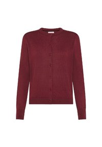Cardigan bordeaux con bottoni, maniche lunghe e polsini, collo e orlo a coste, esposto su uno sfondo bianco.