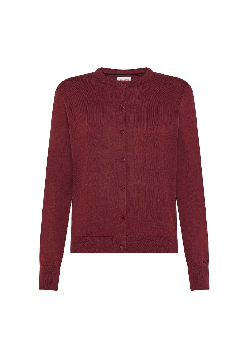 Cardigan bordeaux con bottoni, maniche lunghe e polsini, collo e orlo a coste, esposto su uno sfondo bianco.