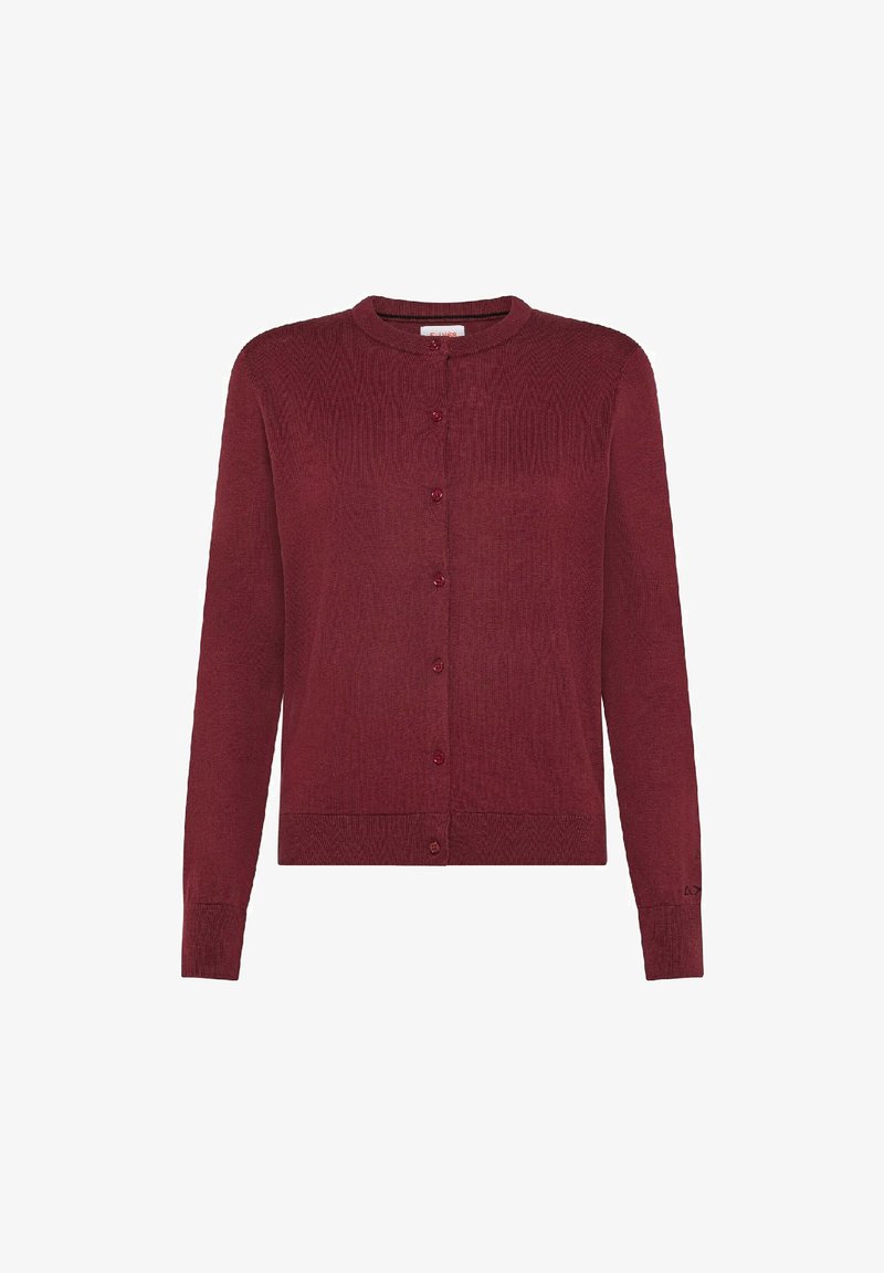 Cardigan bordeaux con bottoni, maniche lunghe e polsini, collo e orlo a coste, esposto su uno sfondo bianco.