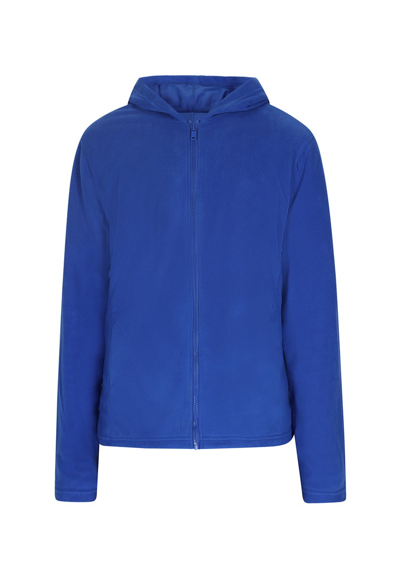Giacca in fleece blu con cappuccio e zip a lunghezza completa. Caratterizzata da maniche lunghe e una texture liscia e morbida. Senza ulteriori motivi o decorazioni.