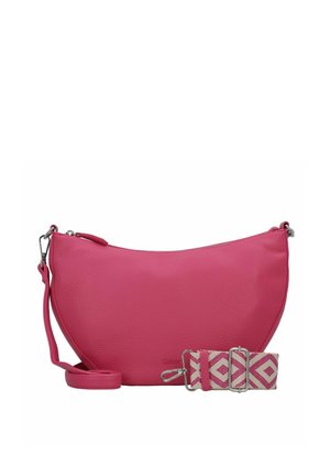 Rosa Lederhandtasche mit runder Form. Verfügt über einen abnehmbaren, gemusterten Schulterriemen in Beige und Rosa. Beinhaltet einen Reißverschluss und Beschläge aus silberfarbenem Metall.