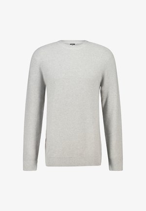 Hellgrauer Strickpullover mit strukturiertem Muster, rundem Halsausschnitt, langen Ärmeln und seitlichen Schlitzen für mehr Bewegungsfreiheit.