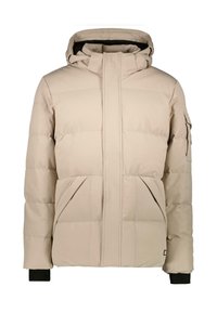 Beige gewatteerde jas met een hoge kraag, ritssluiting en twee voorzakken. Voorzien van elastische manchetten en een capuchon, met een strakke minimalistische uitstraling.