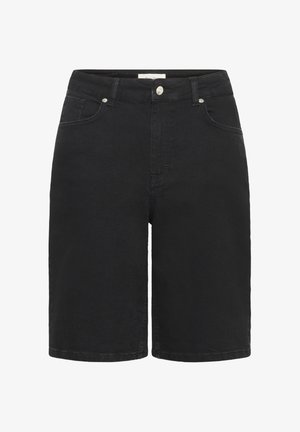 Black denim shorts with a fitted waist, five pockets, front button closure, and straight-cut legs, featuring a smooth texture and minimal stitching.