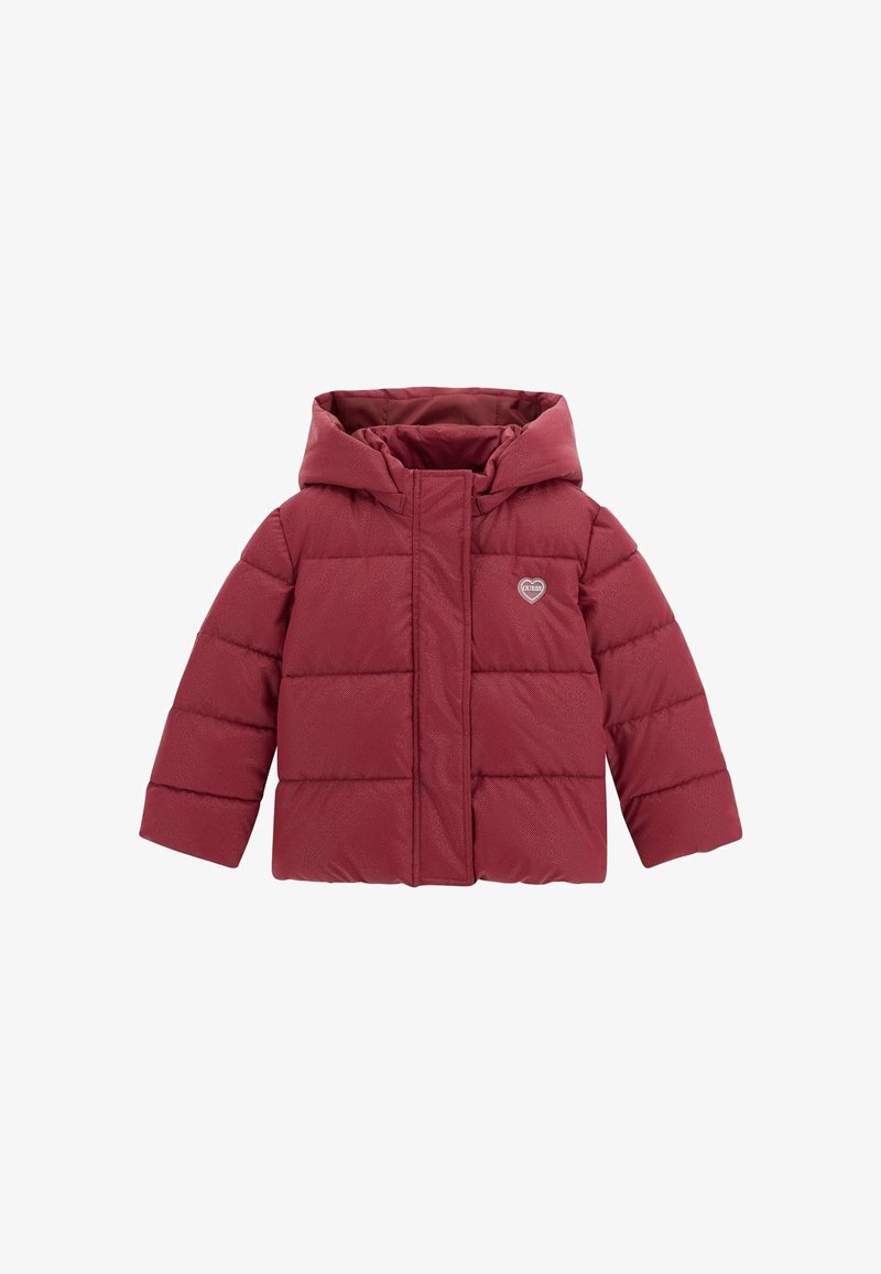 Giacca invernale per bambini imbottita rossa con cappuccio e un piccolo logo a forma di cuore sul petto, zip coperta da una patta.