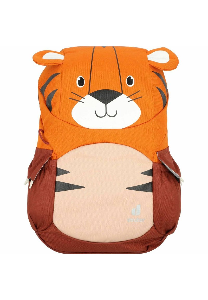 Mochila laranja com tema de tigre, com um rosto sorridente, listras pretas e detalhes em castanho. Apresenta tecido macio e bolsos laterais com fecho éclair.