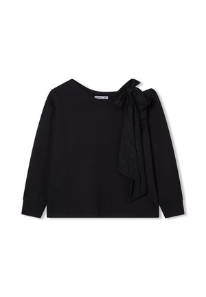 Top nero a maniche lunghe con scollatura a barca, dotato di un grande fiocco testurizzato sulla spalla sinistra.