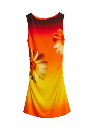 Sleeveless dress featuring a gradient of orange to yellow with large white floral prints on the front and a round neckline. Smooth texture.