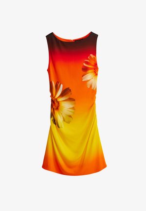 Ärmelloses Kleid mit einem Farbverlauf von Orange zu Gelb und großen weißen Blumendrucken auf der Vorderseite sowie einem runden Ausschnitt. Glatte Textur.
