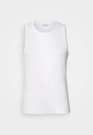 White sleeveless top made of smooth fabric, featuring a round neckline and a fitted silhouette, suitable for layering or standalone wear.