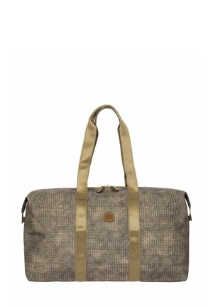 Sac de voyage en tissu tissé gris avec des anses beiges, fermeture éclair et un petit patch logo marron. Surface texturée, design spacieux.