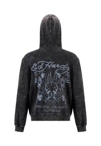 Sudadera con capucha negra con una textura desvanecida. Presenta un gráfico de calavera y llamas, con el logo "Ed Hardy" en blanco en la parte posterior.