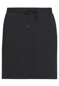 Černá mini sukně z džersy s elastickým páskem na stažení. Má hladkou texturu, jednoduchý design a prošité lemování. Bez kapes nebo vzorů.