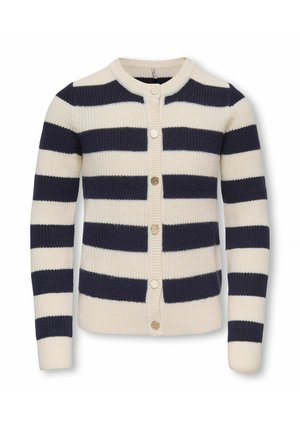 Zapínaný pletený kardigán so širokými horizontálnymi pruhmi v námorníckej modrej a bielej farbe, s dlhými rukávmi a okrúhlym výstrihom.