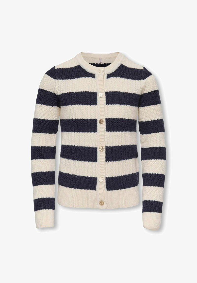 Knäppt stickad kofta med breda horisontella marinblå och vita ränder, långärmad och med rund halsringning.