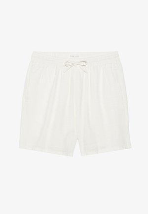 Shorts en lin blanc avec une taille élastique et un cordon de serrage. Dotés de deux poches latérales et d'une coupe décontractée. Texture lisse.