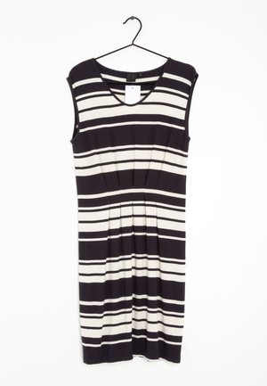 Abito in cotone con scollatura a V, caratterizzato da righe orizzontali blu navy e bianche, maniche a cappuccio e corpetto aderente con pieghe in vita.