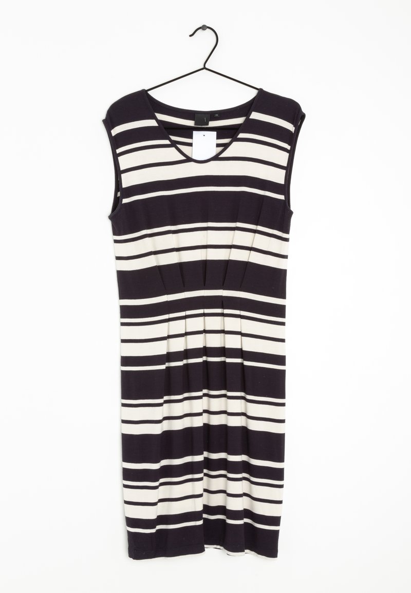 Abito in cotone con scollatura a V, caratterizzato da righe orizzontali blu navy e bianche, maniche a cappuccio e corpetto aderente con pieghe in vita.