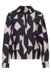 Giacca button-up con un motivo geometrico navy e beige, maniche lunghe, due tasche frontali e un classico design del colletto.