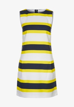 Robe sans manches avec des rayures horizontales bleu marine, jaune et blanche. Fabriquée dans un tissu lisse, elle possède une fermeture éclair dans le dos.