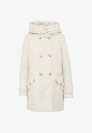 Jasnoszary płaszcz dwurzędowy z kapturem, dwiema bocznymi kieszeniami i guzikami. Wykonany z teksturowanej tkaniny z ciepłym podszewką.