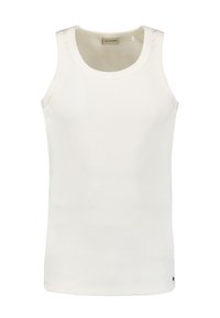 Witte katoenen tanktop met een geribbelde textuur, ronde hals en mouwloos ontwerp. Heeft een klein merklabel aan de onderkant links.
