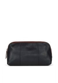 Toaletthållare i läder med en mörkblå kropp och bruna detaljer. Har en dragkedjestängning och en texturerad finish. Logotypen är präglad på framsidan.