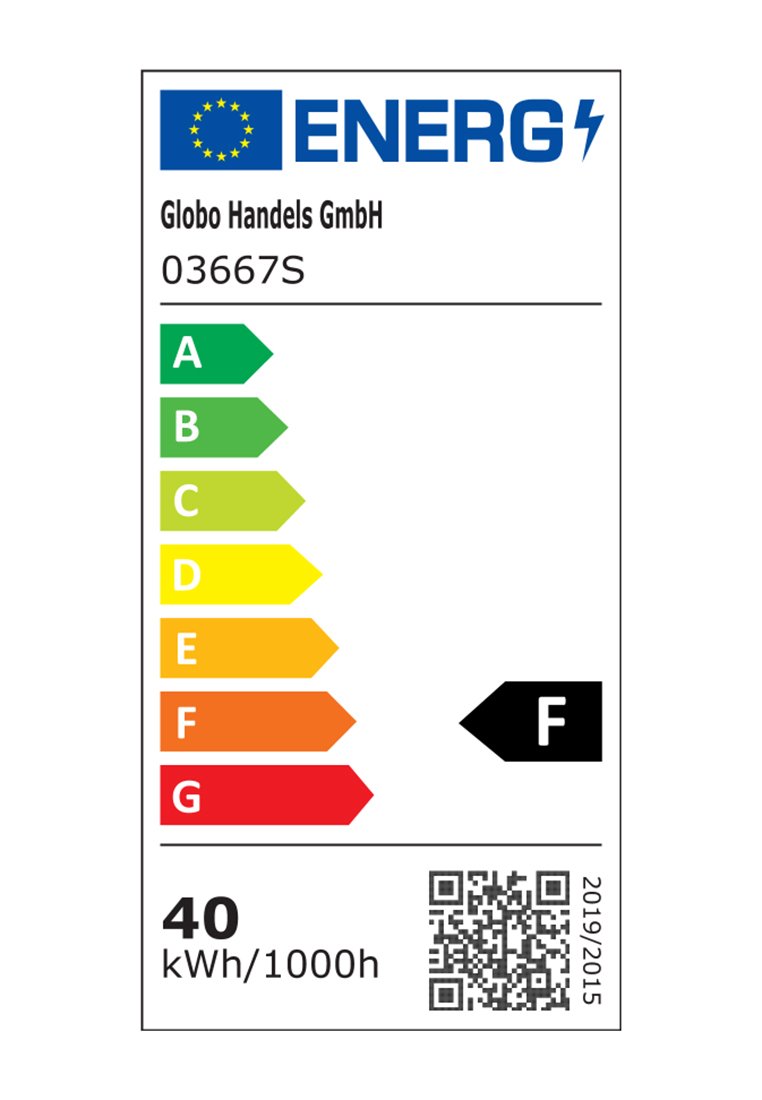 Energetický štítek EU pro produkt společnosti Globo Handels GmbH 03667S, hodnocený F s energetickou spotřebou 40 kWh/1000h, barevně kódovaná škála od A (zelená) po G (červená).