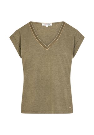 Chemise verte olive à manches courtes avec encolure en V, manches retroussées et un détail de couture subtil le long de l'encolure, taille petite.