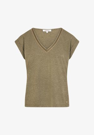 Chemise verte olive à manches courtes avec encolure en V, manches retroussées et un détail de couture subtil le long de l'encolure, taille petite.