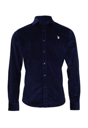 Camicia a maniche lunghe in velluto blu scuro con bottoni, colletto e piccolo logo ricamato sul lato sinistro del petto.