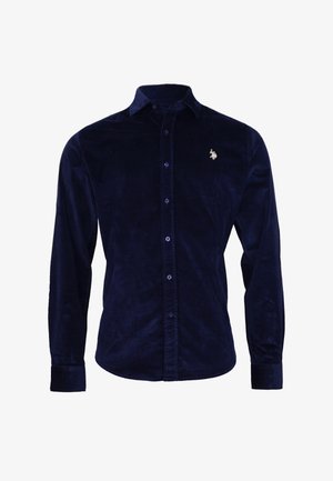 Camicia a maniche lunghe in velluto blu scuro con bottoni, colletto e piccolo logo ricamato sul lato sinistro del petto.