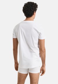 Wit katoenen T-shirt met korte mouwen, gezien vanaf de achterkant. Model draagt ook witte slip met korte pijpzije. Eenvoudig en klassiek ontwerp.