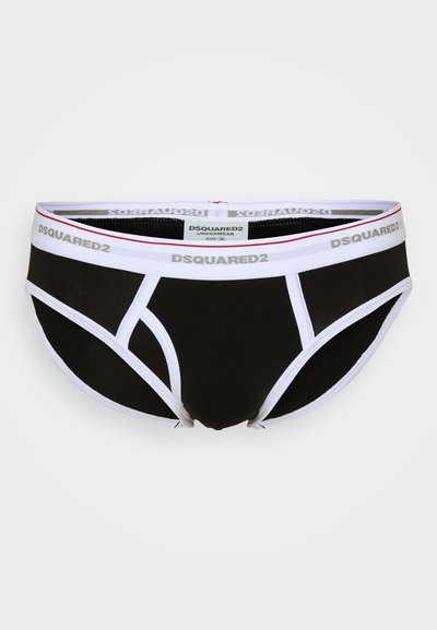 Black cotton brief with a white elastic waistband. Features a logo on the band and white accent details on the sides. Size marked as M.