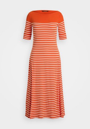 Orange and white striped midi dress with a boat neckline and short sleeves, featuring a fitted bodice and flared skirt. Smooth texture.