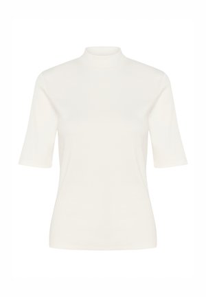 Haut blanc à col montant et manches courtes, en tissu lisse et extensible. Présente une silhouette ajustée et une texture côtelée sur toute la surface.