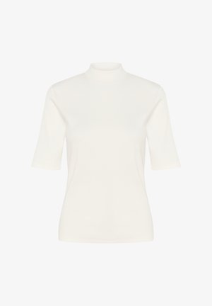 Top alb cu gât înalt și mâneci scurte, confecționat dintr-un material neted și elastic. Prezintă o siluetă strâmtă și o textură nervurată pe toată suprafața.