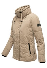 Beige puffer jacket with a high collar, adjustable drawstrings, side zip pockets, and black accents; smooth texture and streamlined design.
