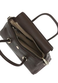 Borsa a mano in pelle marrone con finitura testurizzata, dotata di accessori in oro, tasca interna con zip e due scomparti foderati in tessuto.