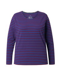 T-shirt à manches longues de couleur violette avec des rayures horizontales bleues. Il possède un col rond et un tissu texturé. Étiquette de la marque sur le col.