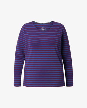 Lange mouw t-shirt in paars met horizontale blauwe strepen. Heeft een ronde halslijn en een textuurstof. Merkenlabel op de kraag.