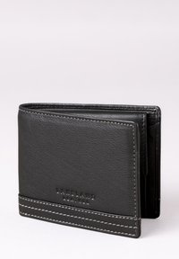 Black leather wallet with textured finish, featuring contrasting stitching and embossed "LAKELAND LEATHER" logo on the front.