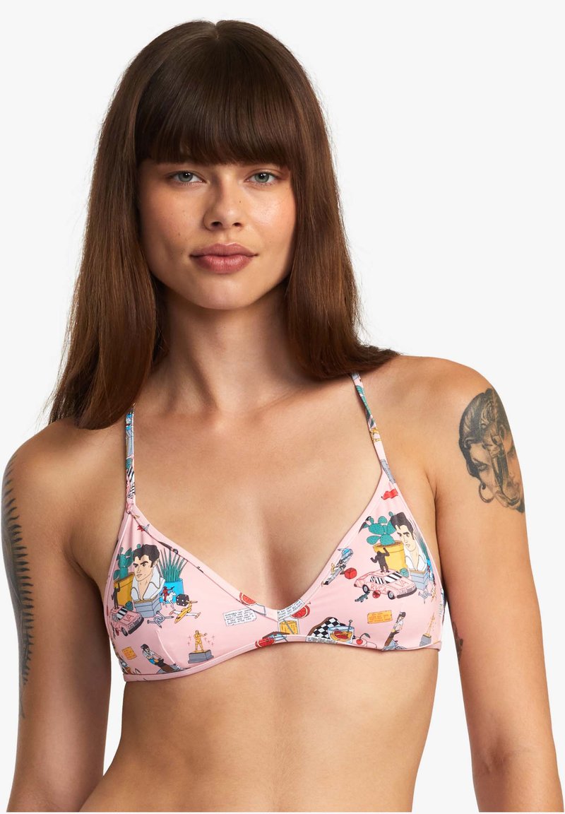  haut de bikini triangle rose avec un imprimé graphique ludique présentant diverses illustrations colorées. Fines bretelles réglables et texture lisse.