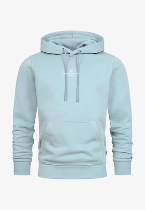 Jasnoniebieska bluza z kapturem ze ściągaczami, kieszenią kangurką, ściągaczami na rękawach i logo na klatce piersiowej. Miękka tkanina, luźny krój, minimalistyczny design.
