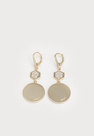 Gullrøde øreringer med to sirkulære skiver og en sekskantet detalj med rhinestones. Glatt tekstur med blank overflate. Låsesystem med hengsel.
