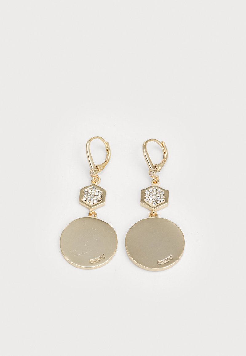Brincos de ouro com dois discos circulares e um destaque hexagonal com strass. Textura suave com acabamento brilhante. Fecho tipo alavanca.