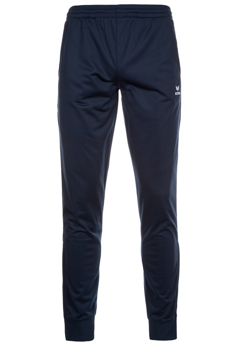 Navy Sporthosen aus glattem Stoff, mit einem elastischen Bund, schmal zulaufenden Beinen und einem kleinen Logo auf der linken Seite.