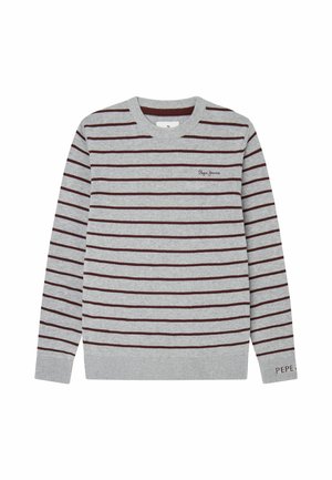 Hellgrauer Pullover mit langen Ärmeln, dünnen dunkelroten horizontalen Streifen, rundem Halsauschnitt und kleinem "Pepe Jeans" Logo auf Brust und Bündchen.