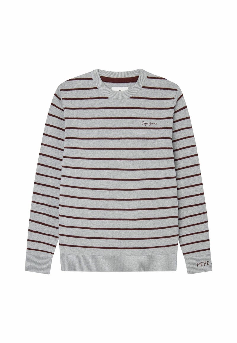 Pull gris clair à manches longues avec fines rayures horizontales marron, col rond et petit logo "Pepe Jeans" sur la poitrine et le poignet.